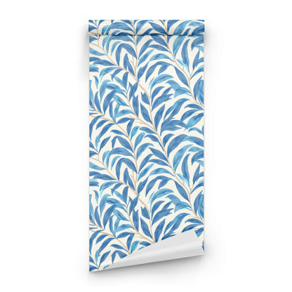 Blue Botanical Wallpaper roll close-up showing the willow leaf drawing in close soft blue