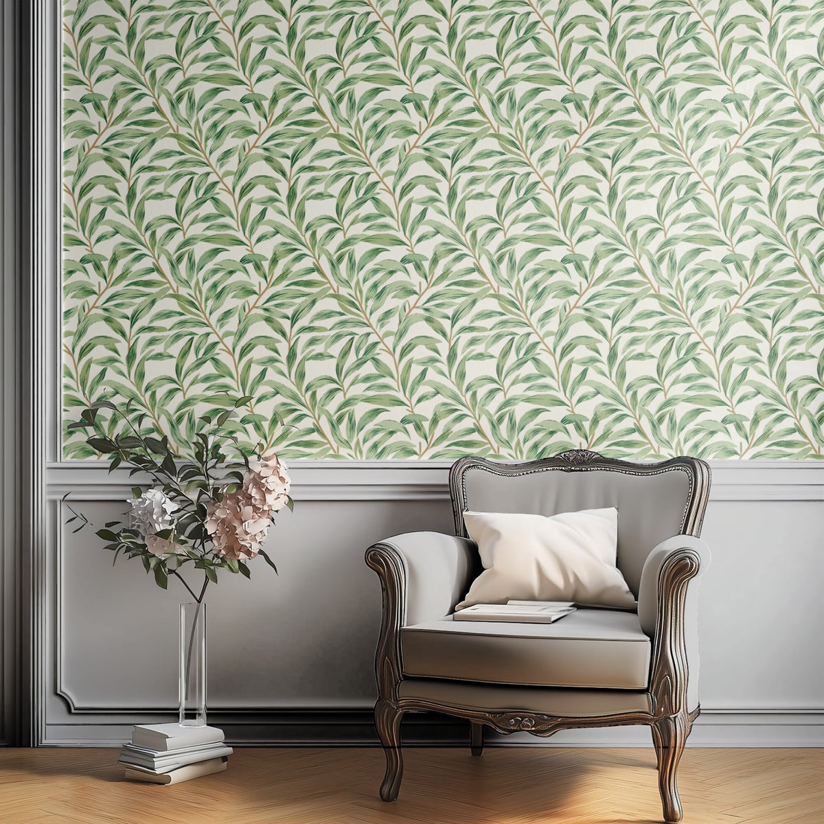 Green Botanical Wallpaper shown in a second interior with the heritage green Willow Bough leaves
