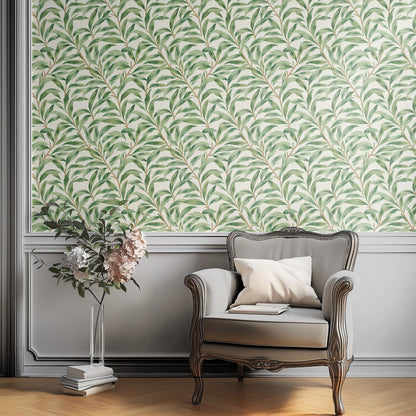 Green Botanical Wallpaper shown in a second interior with the heritage green Willow Bough leaves