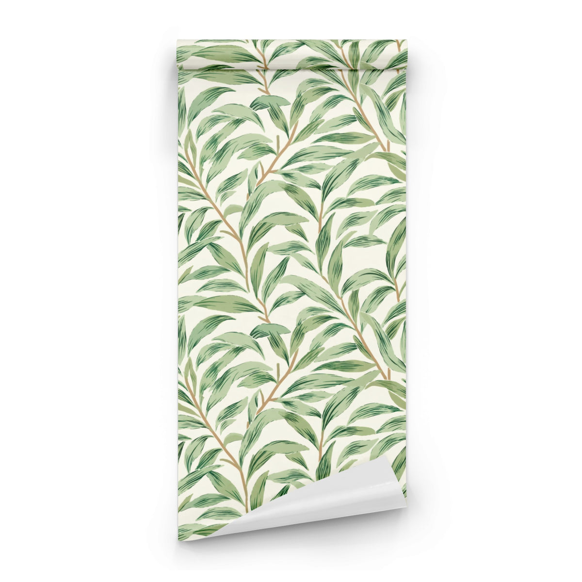 Green Botanical Wallpaper roll close-up showing the willow leaf drawing in close heritage green
