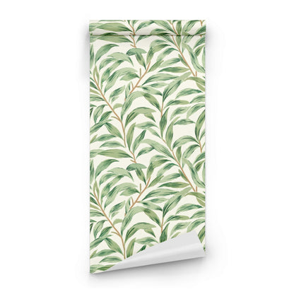Green Botanical Wallpaper roll close-up showing the willow leaf drawing in close heritage green