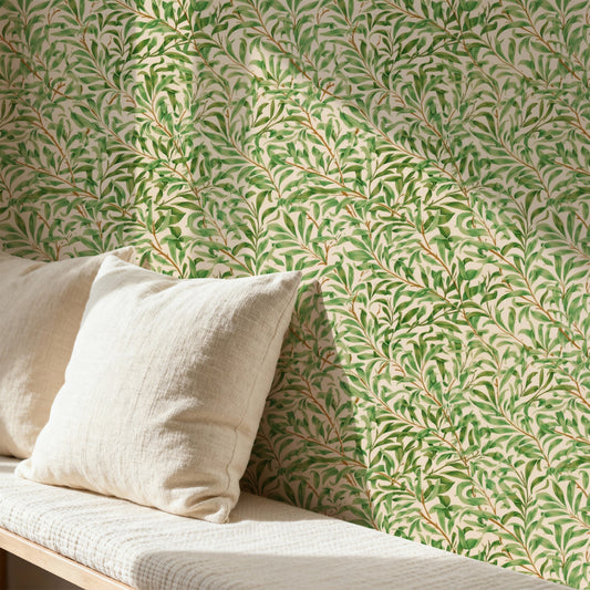 William Morris Willow Bough Green small scale wallpaper in a styled room