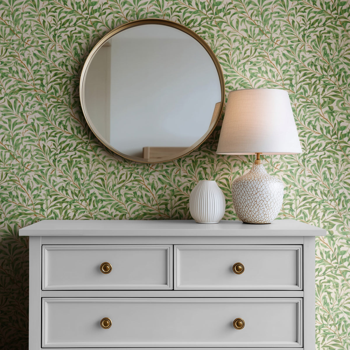 William Morris Willow Bough Green small scale wallpaper in a styled room
