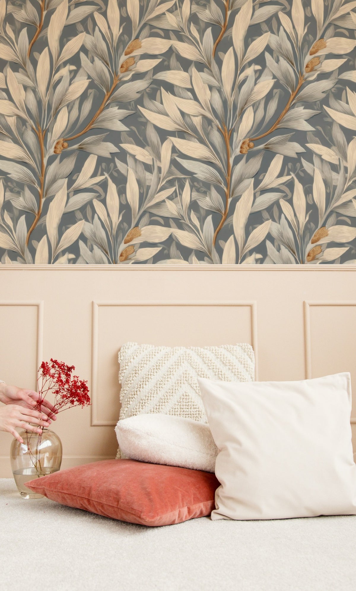 Willow Leaves large scale wallpaper in a styled room