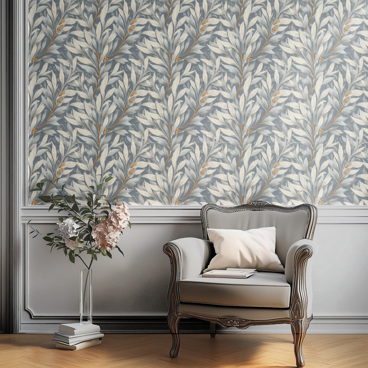 Willow Leaves large scale wallpaper in a styled room