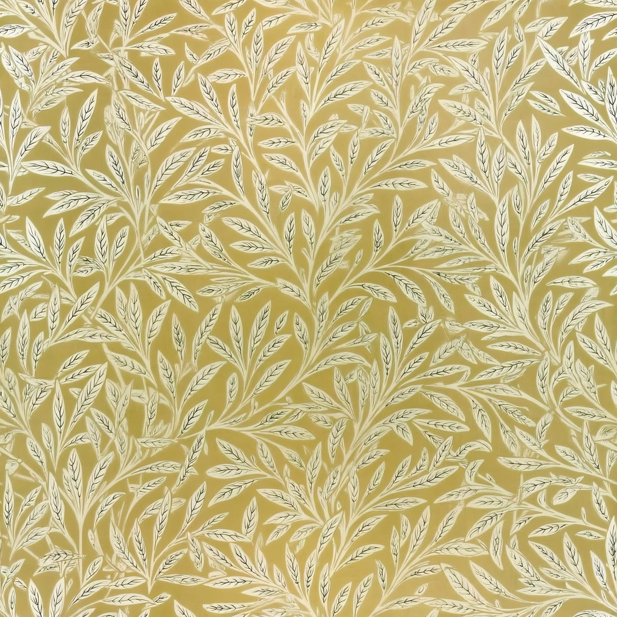 Pale willow leaves on fine stems make a soft all-over pattern on a gold ground, a William Morris design.