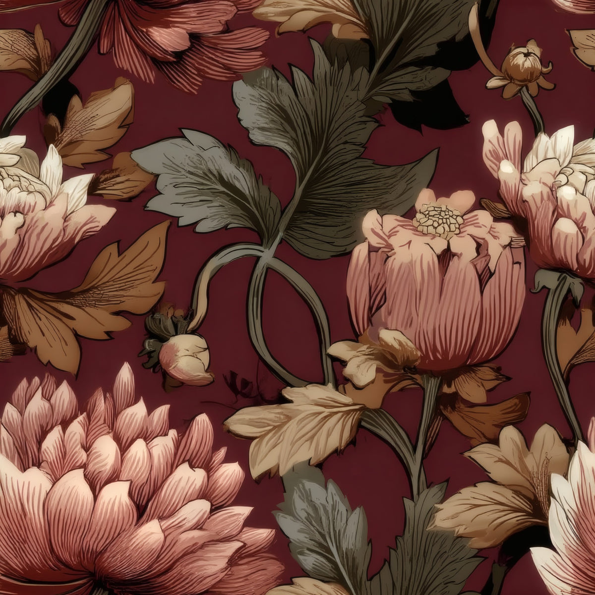 Wine Chrysanthemum large scale wallpaper pattern repeat
