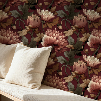 Wine Chrysanthemum large scale wallpaper in a styled room