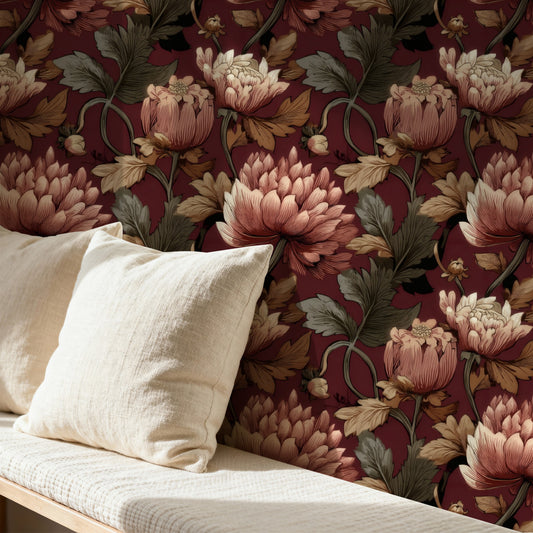 Wine Chrysanthemum large scale wallpaper in a styled room