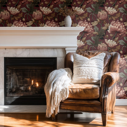 Wine Chrysanthemum large scale wallpaper in a styled room