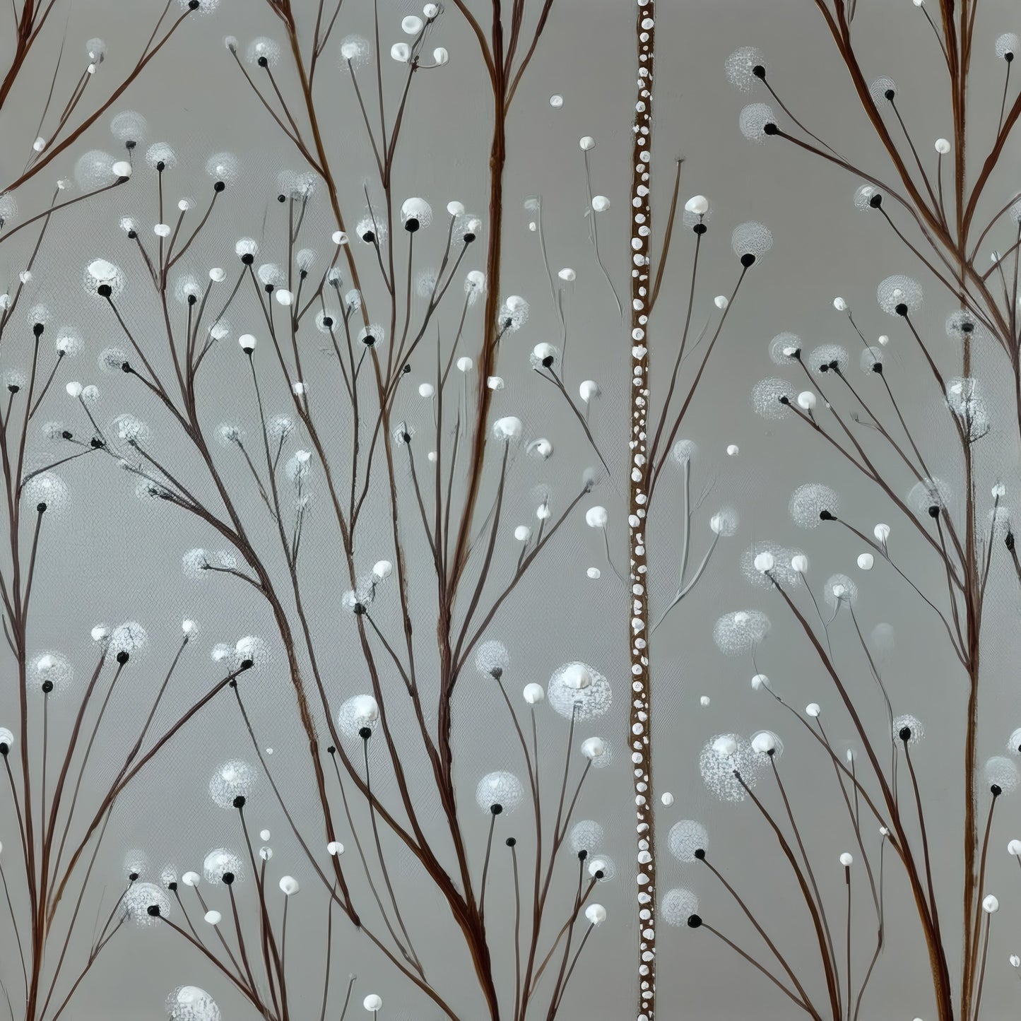 Bare painted branches with small dotted white buds on a soft grey ground.