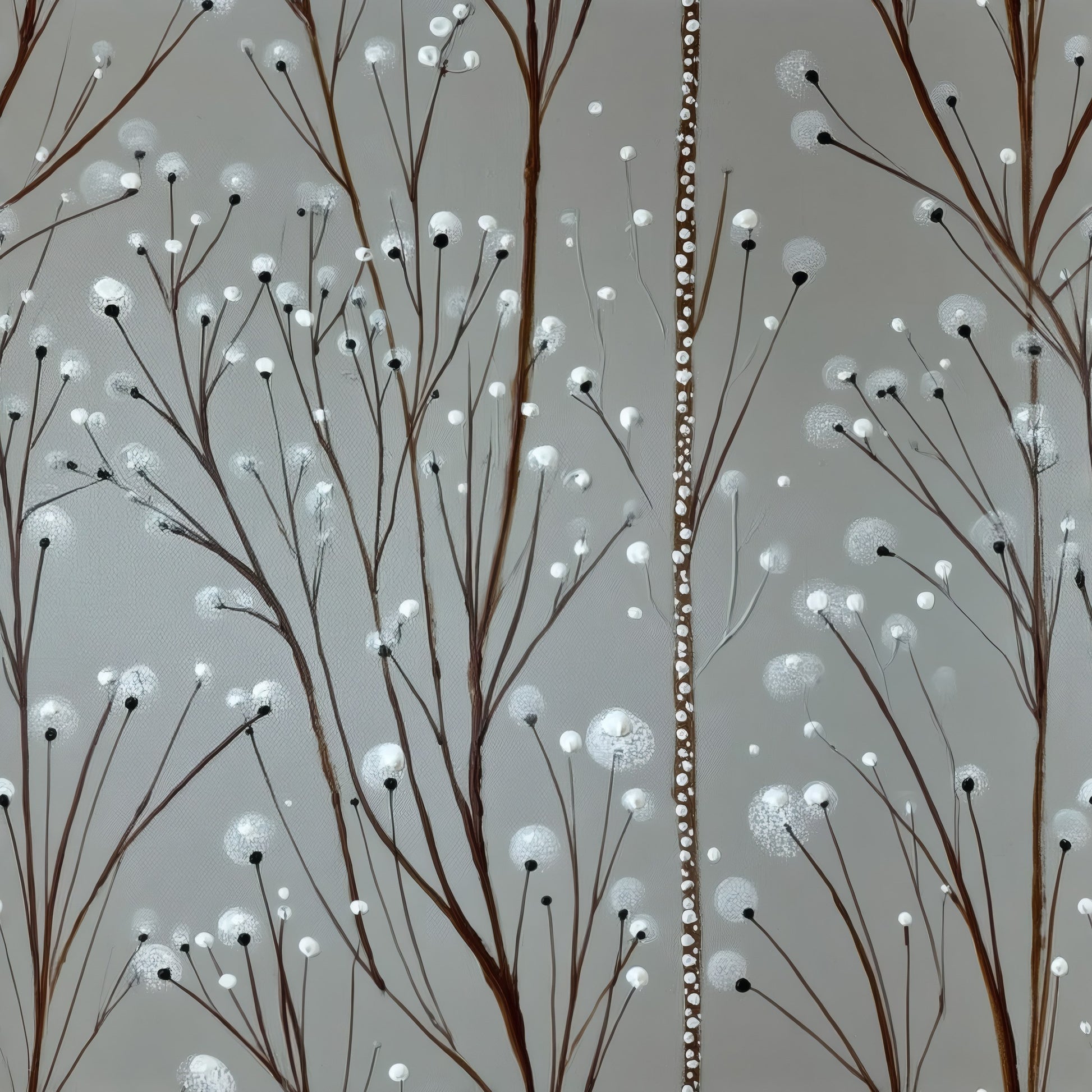 Bare painted branches with small dotted white buds on a soft grey ground.