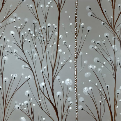 Bare painted branches with small dotted white buds on a soft grey ground.