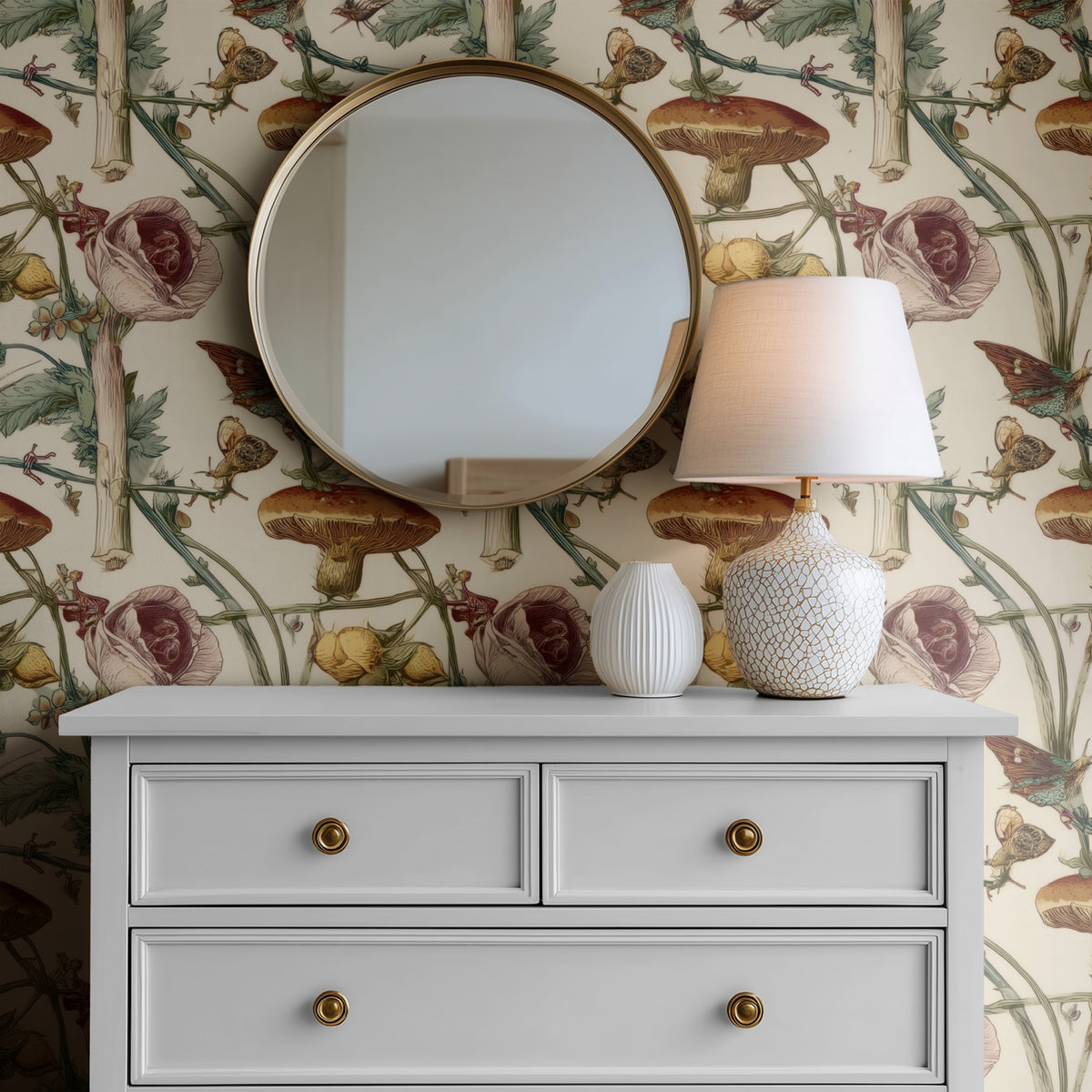 Woodland Songbird large scale wallpaper in a styled room