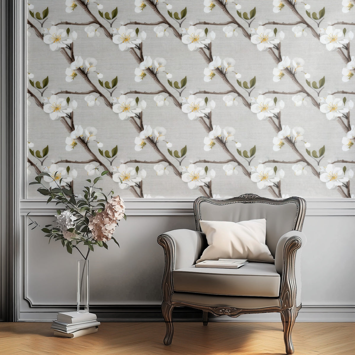 Woven Blossom large scale wallpaper in a styled room