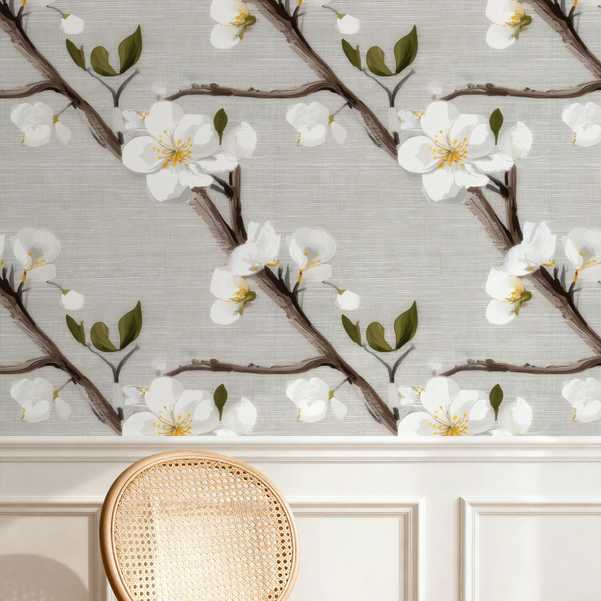 Woven Blossom large scale wallpaper in a styled room