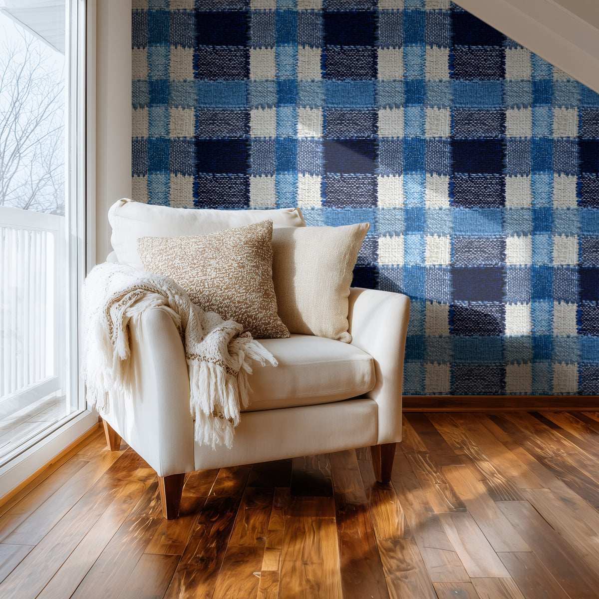 Woven Check large scale wallpaper in a styled room