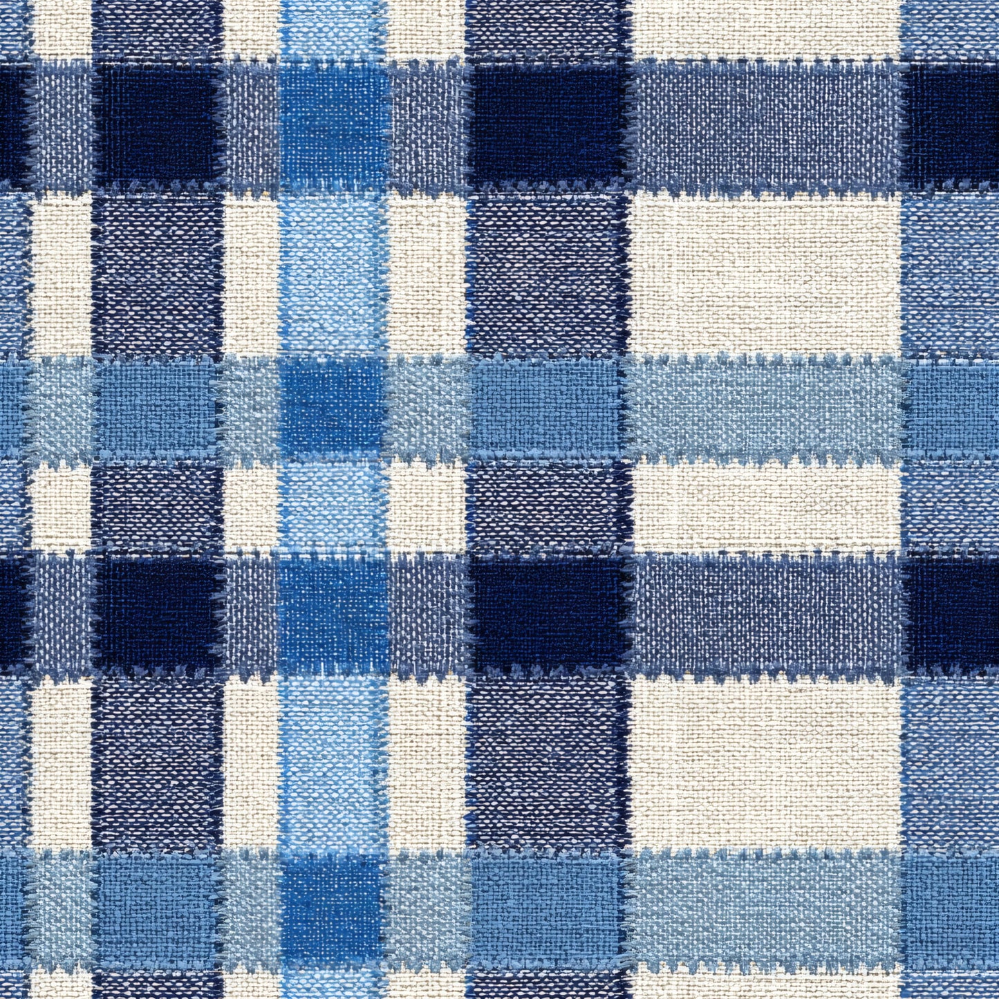 Woven check pattern in navy, cornflower and sky blue on cream with stitched fabric texture.